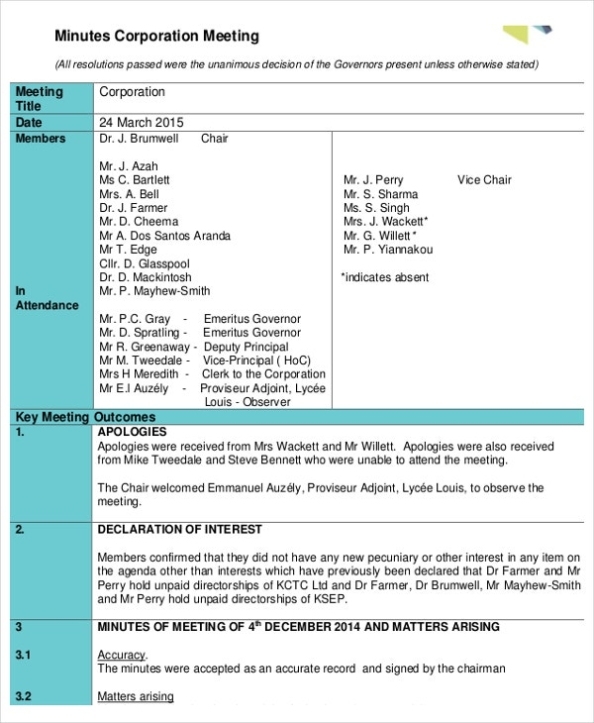 18+ Corporate Minutes Template – Free Sample, Example Format Download Regarding Corporate Meeting Minutes Template