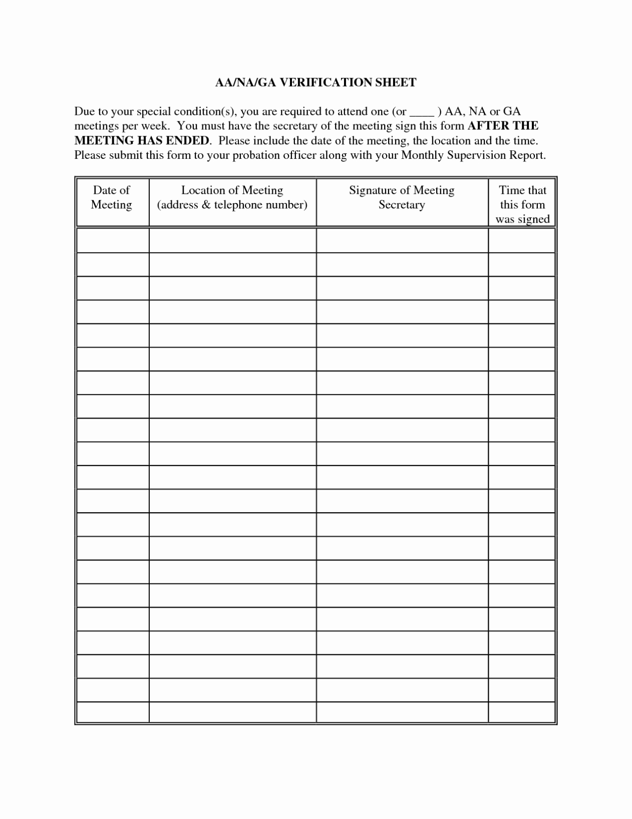 30 Alcoholics Anonymous Attendance Form | Example Document Template Intended For Na Meeting Format Template
