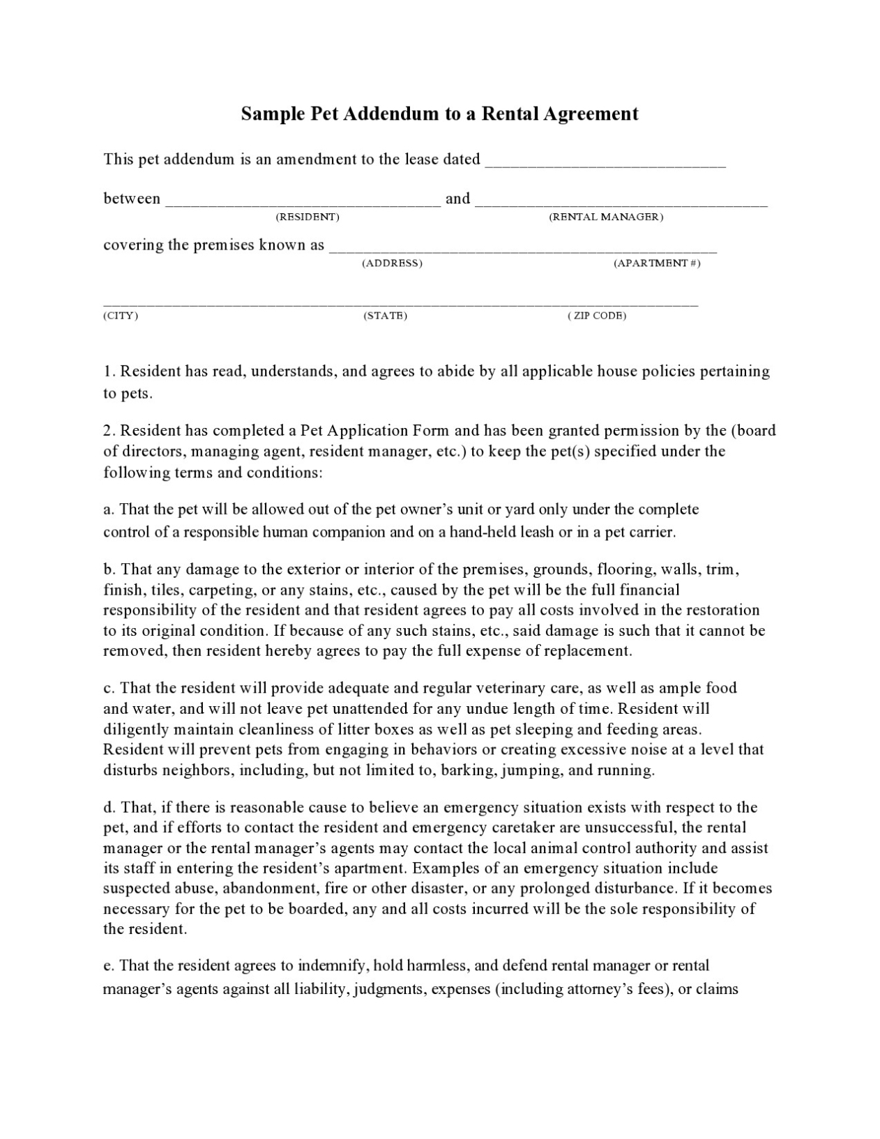 39 Free Pet Addendum Forms To Rental Agreement [Doc, Pdf] With Pet Addendum To Lease Agreement Template