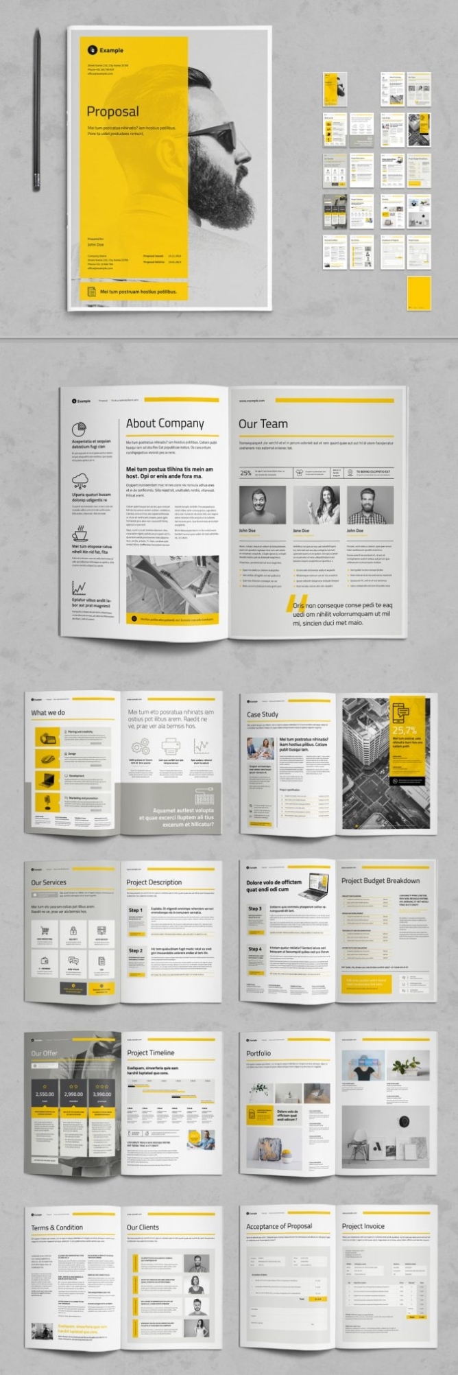 A Business Proposal Template With Yellow And Gray Accents For Adobe With Regard To Business Plan Template Indesign