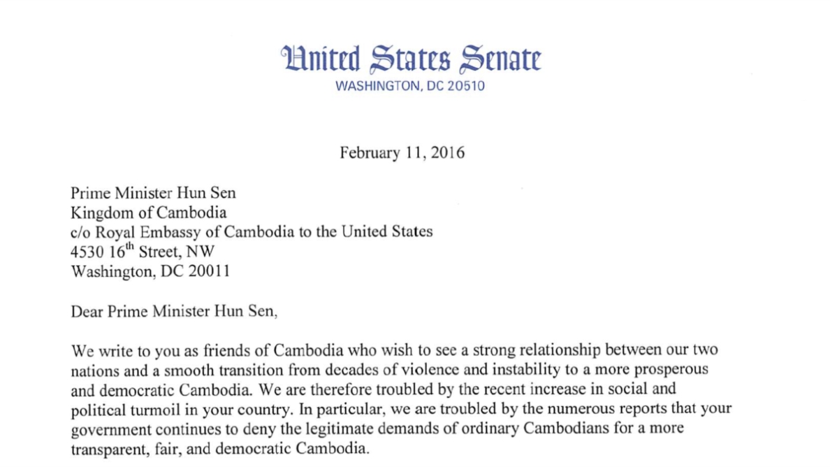 A Year After Letter To Hun Sen, U.s. Senator Says Little Sign Of With Letter To Congressman Template