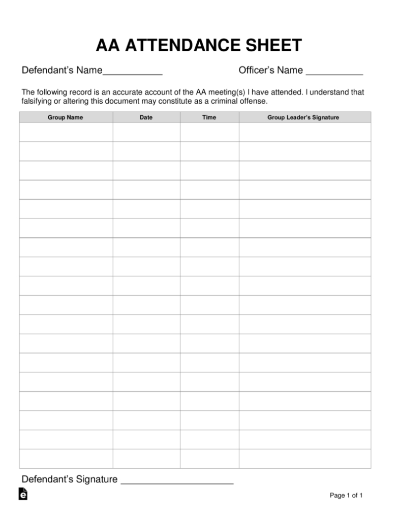 Aa Attendance Card Template | Gemescool Throughout Probation Meeting Template