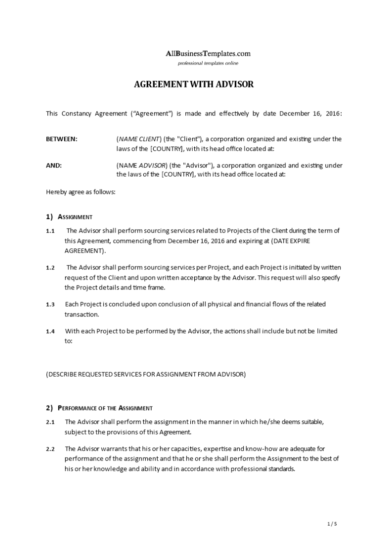 Advisor Agreement Template | Templates At Allbusinesstemplates Intended For Credit Assignment Agreement Template