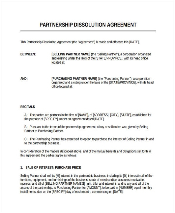 Agreement Letter For Business Partnership - Letter Pertaining To Dissolution Of Partnership Agreement Template
