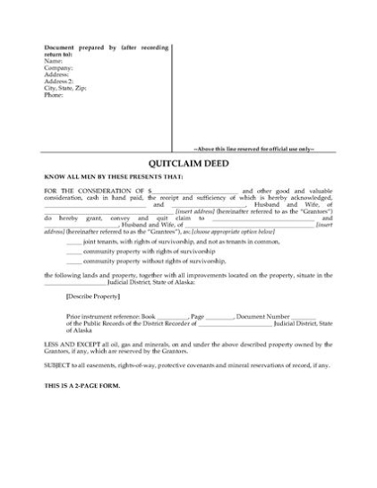 Alaska Quitclaim Deed For Joint Ownership | Legal Forms And Business For Joint Property Ownership Agreement Template