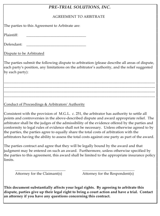 Arbitration Agreement Form – Pre Trial Solutions, Inc. Download Throughout Conflict Resolution Agreement Template