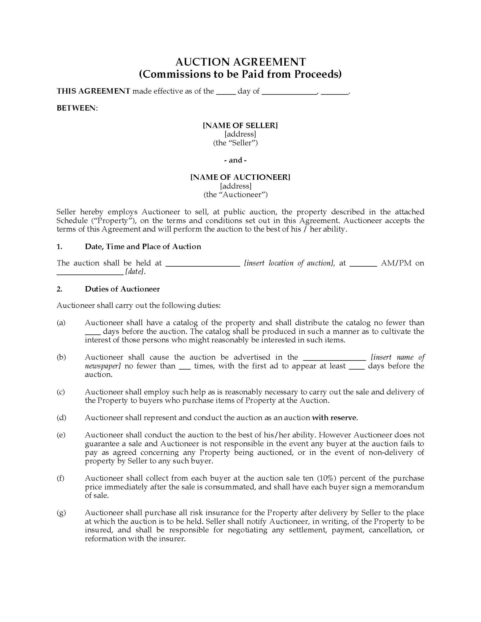 Auction Agreement For Sale With Reserve | Legal Forms And Business With Regard To Vendor Take Back Agreement Template