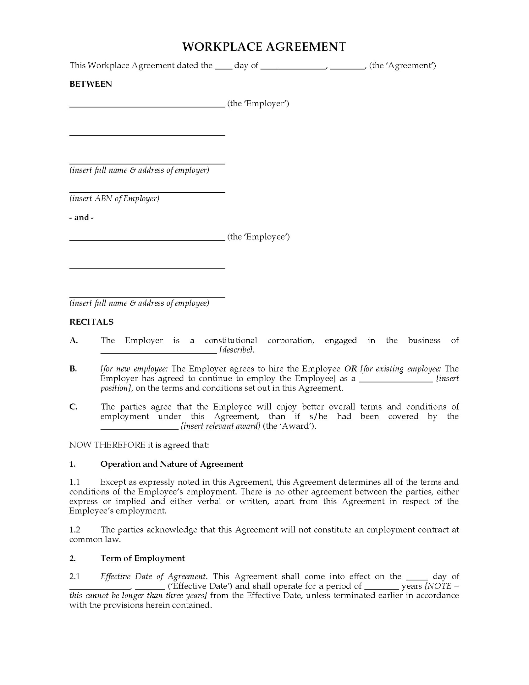 Australia Workplace Agreement Template | Legal Forms And Business With Regard To Overtime Agreement Template