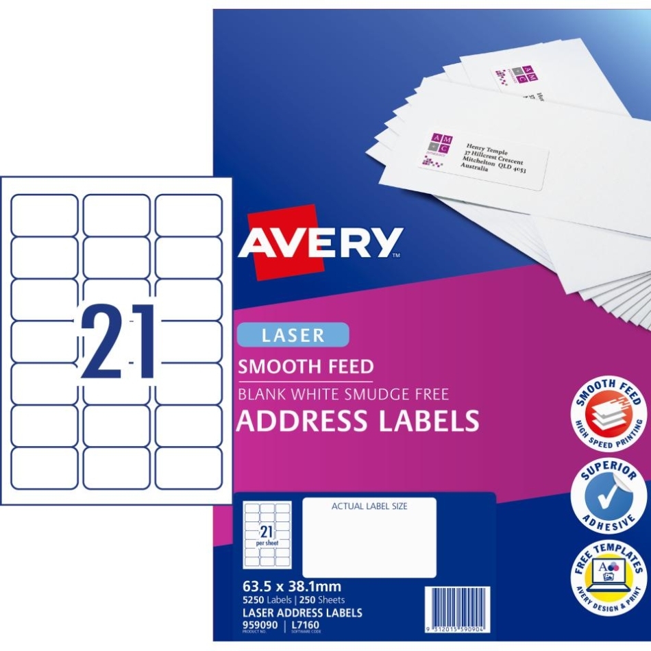 Avery Address Labels With Smooth Feed For Laser Printers – 63.5 X 38 Within L7160 Label Template