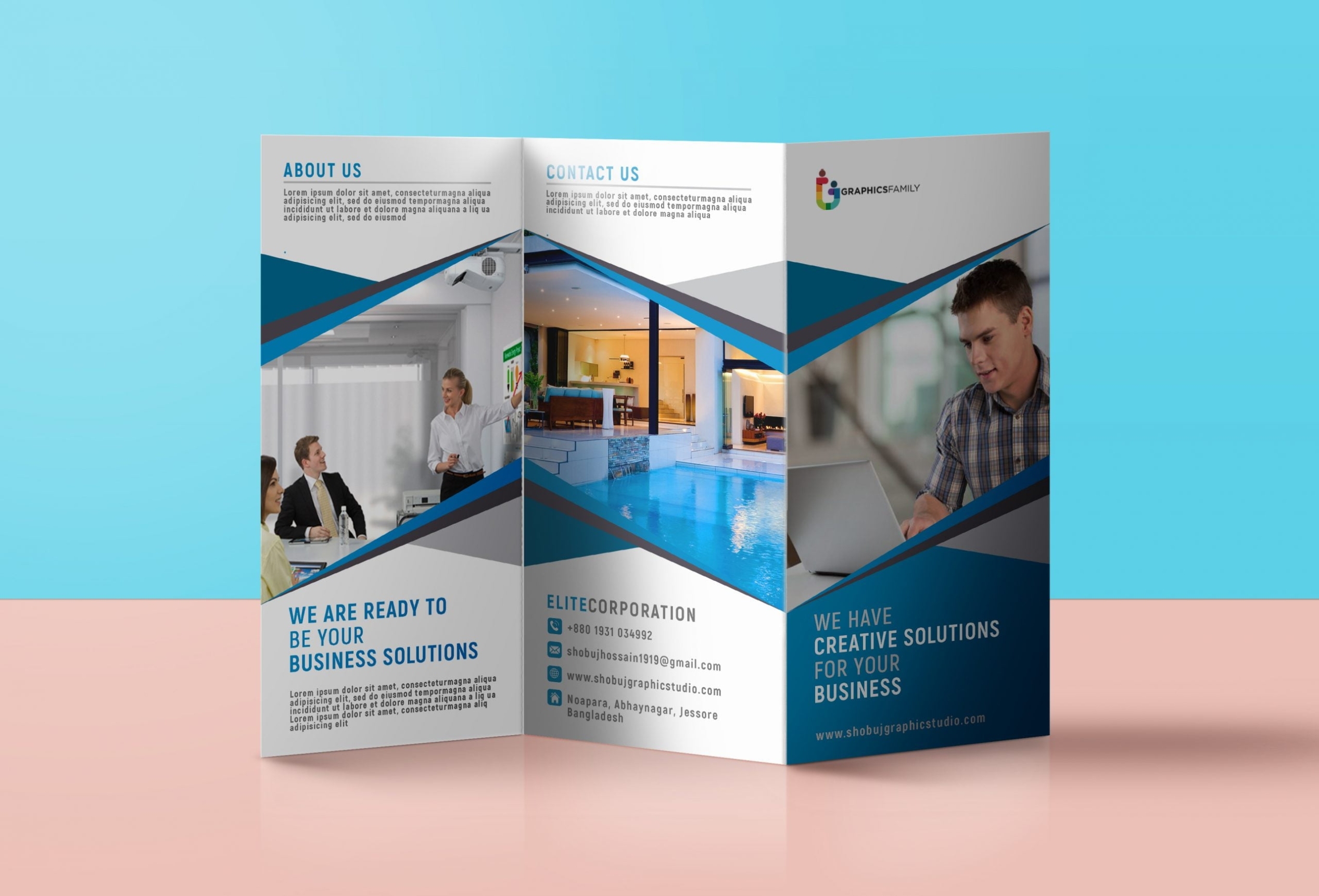 Blue Corporate Tri Fold Brochure Template Free Psd - Graphicsfamily Regarding Free Tri Fold Business Brochure Templates