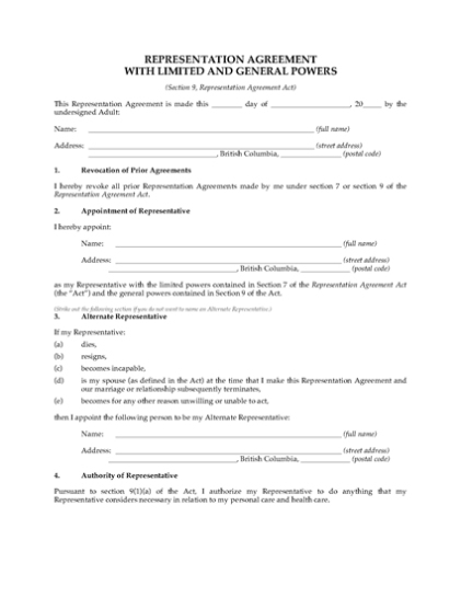 British Columbia Representation Agreement Package (Section 9) | Legal Intended For Legal Representation Agreement Template