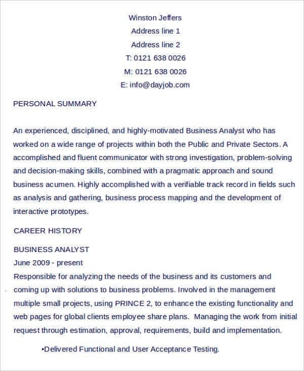 Business Curriculum Vitae Template – 8 Free Word, Pdf Documents Regarding Business Analyst Documents Templates