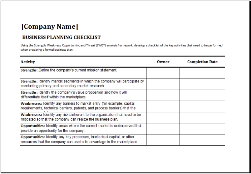 Business Planning Checklist Templates | 9+ Free Docs, Xlsx & Pdf For Business Process Questionnaire Template