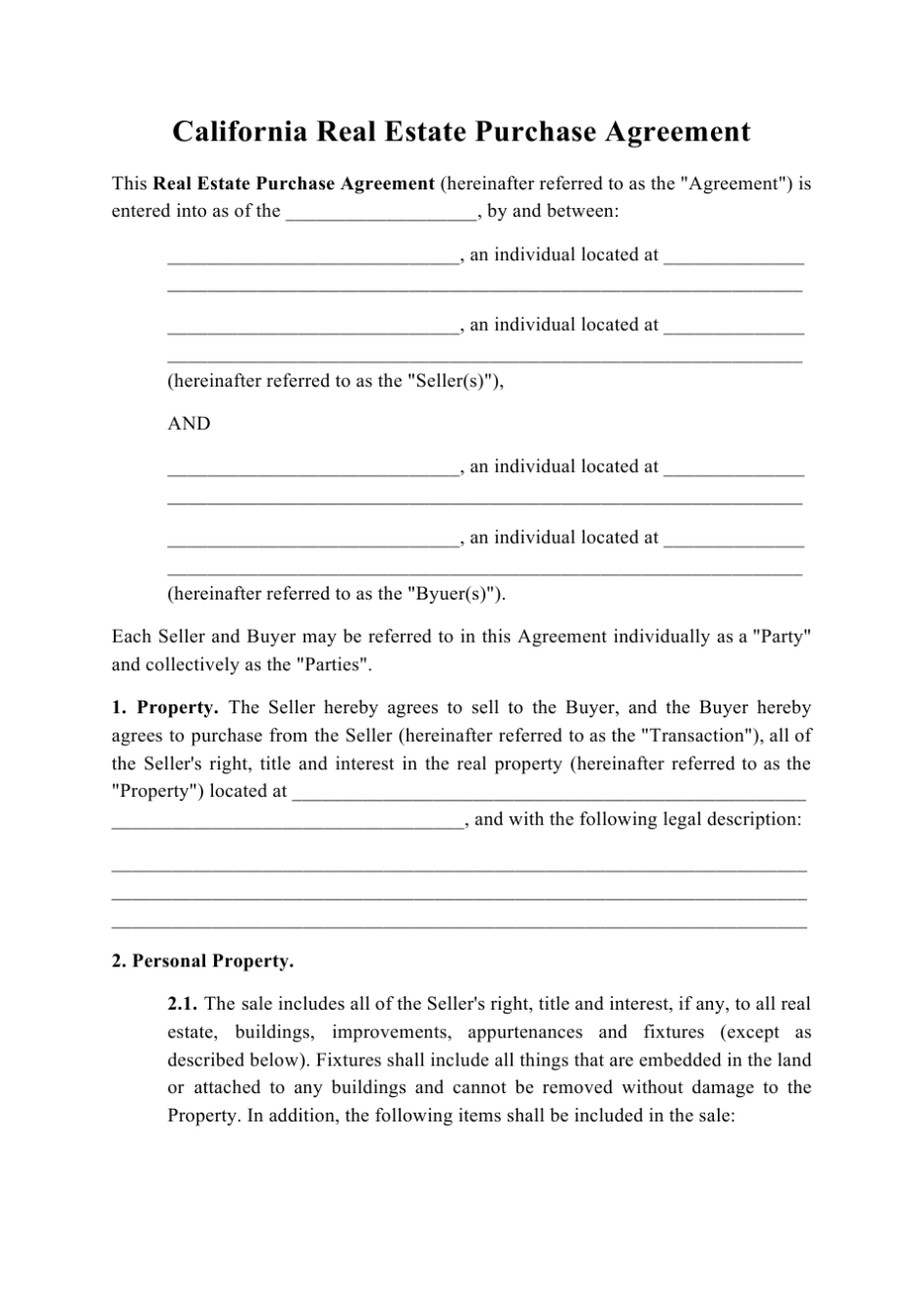 California Real Estate Purchase Agreement Template Download Printable With Regard To Simple Land Sale Agreement Template