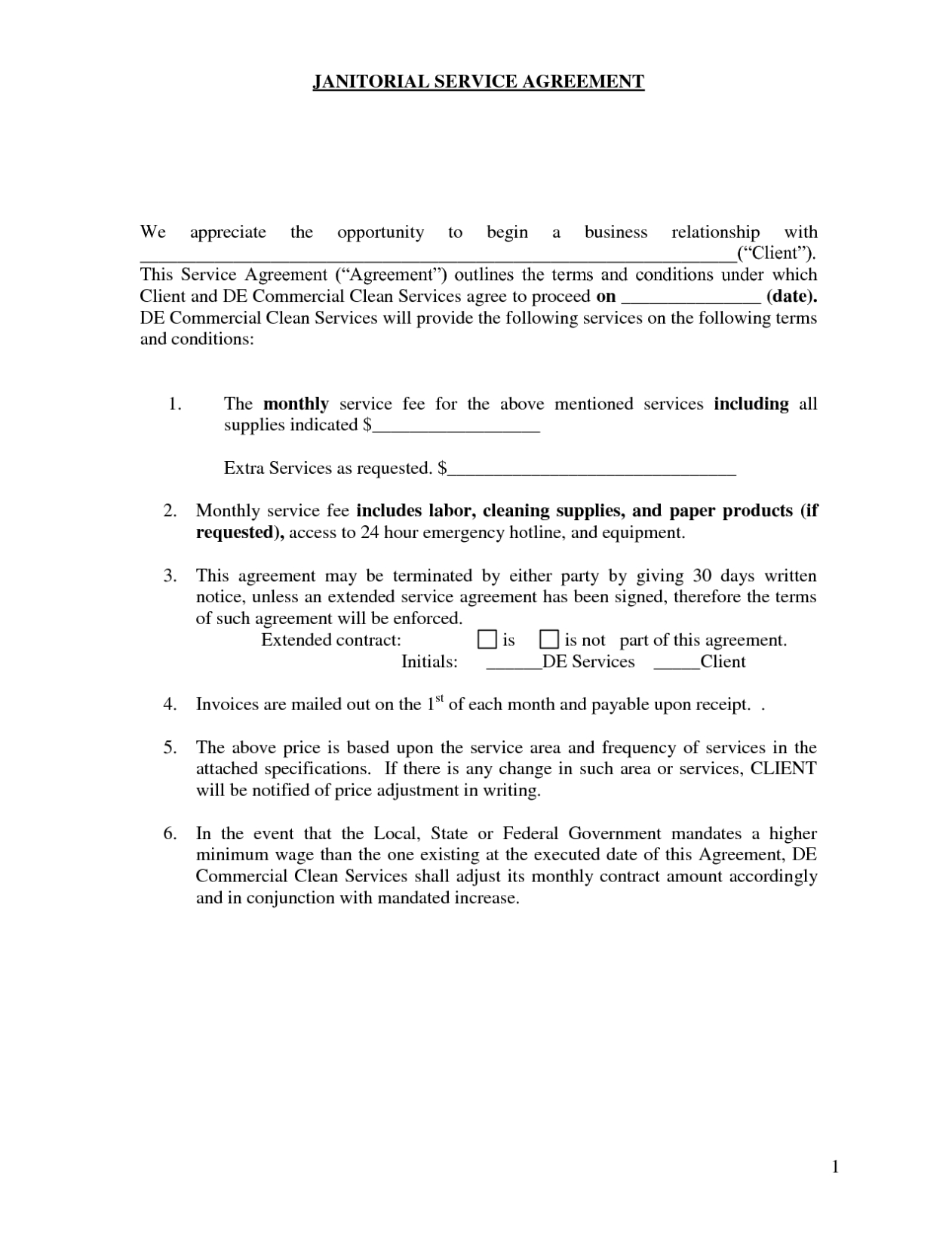 Cleaning Services Contract Agreement - Free Printable Documents in janitorial service agreement template