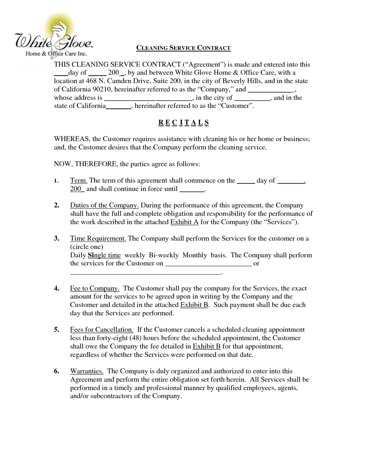 Cleaning Services Contract Agreement - Free Printable Documents Regarding Commercial Cleaning Service Agreement Template