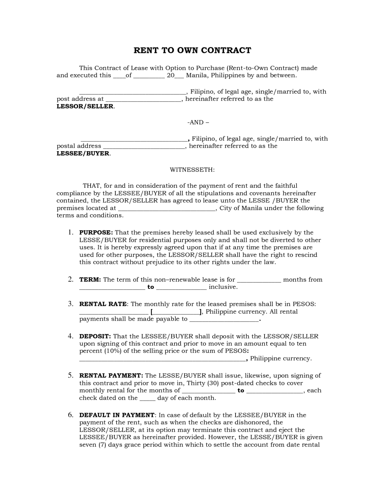 Contract For Rent To Own – Free Printable Documents Throughout Free Rent To Own Agreement Template
