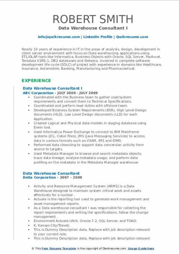 Data Warehouse Consultant Resume Samples | Qwikresume With Data Warehouse Business Requirements Template