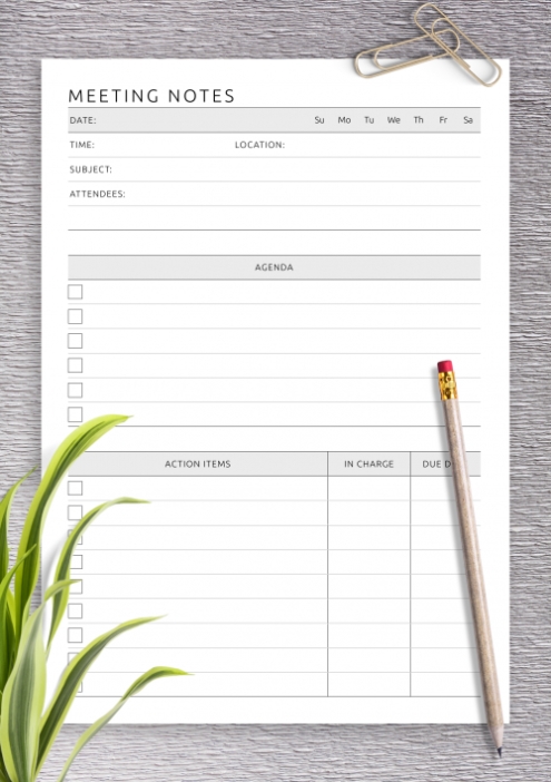Download Printable Meeting Notes Template With Agenda And Action Items Pdf Intended For Meeting Notes Template With Action Items