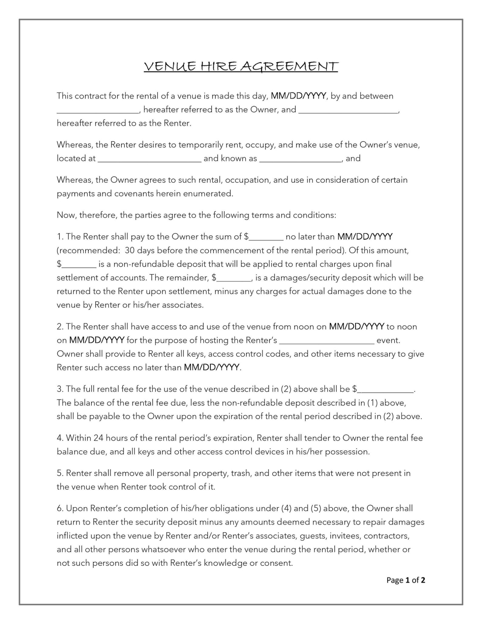 Easy To Edit Venue Hire Agreement / Microsoft Word / Hire | Etsy for venue hire agreement template