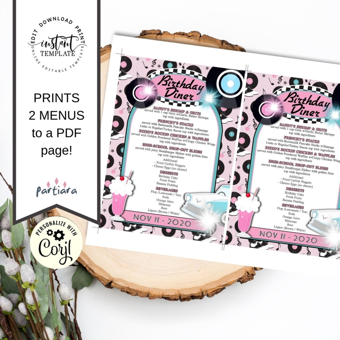 Editable 50S Diner Menu Card Template Retro Birthday Party | Etsy France With Regard To 50S Diner Menu Template