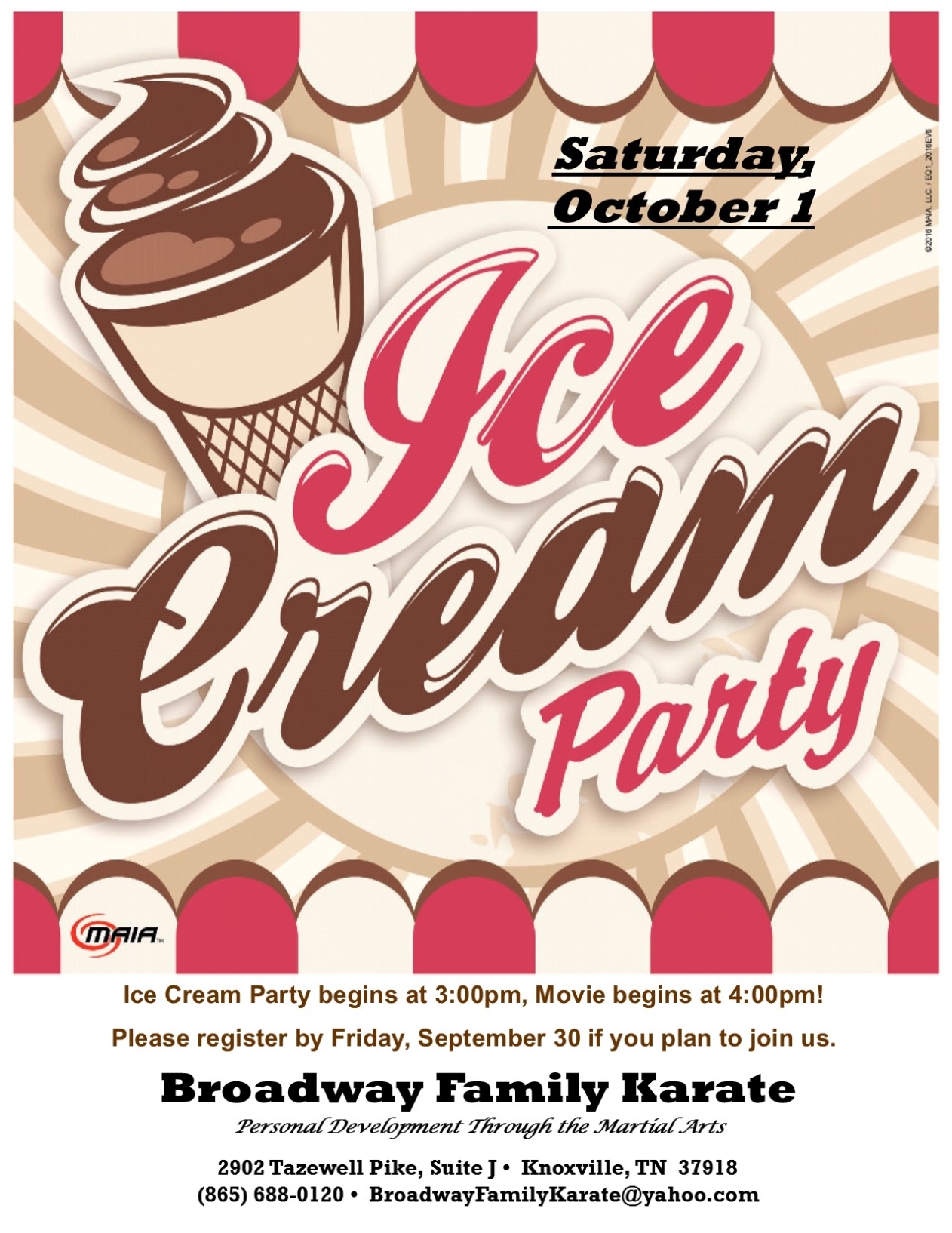 End Of Summer Ice Cream Party And Movie Afternoon  Broadway Family Karate With Ice Cream Party Flyer Template