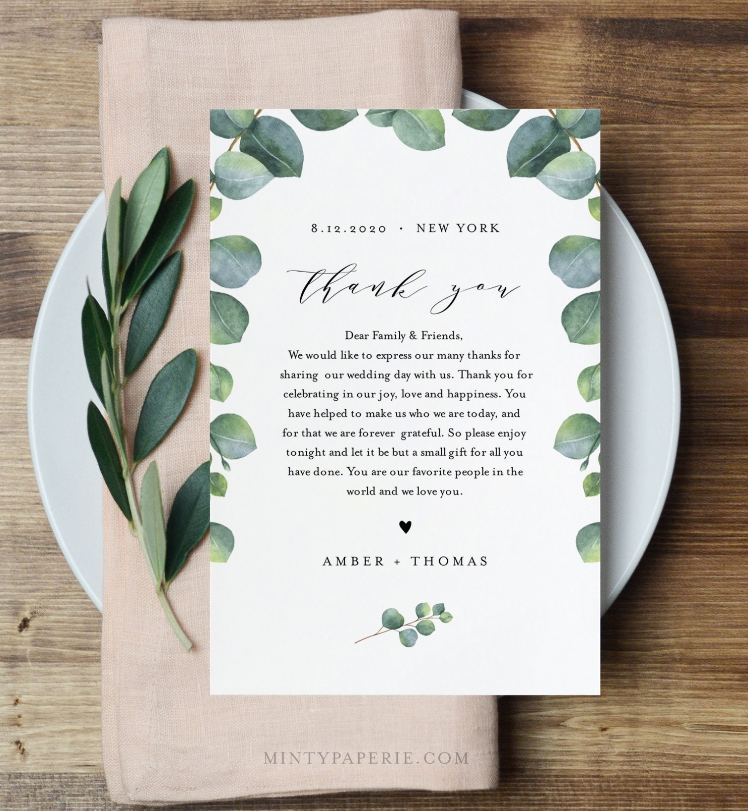 Eucalyptus Thank You Letter, Napkin Note, Printable Wedding Menu Thank In Thank You Notes For Wedding Gifts Templates
