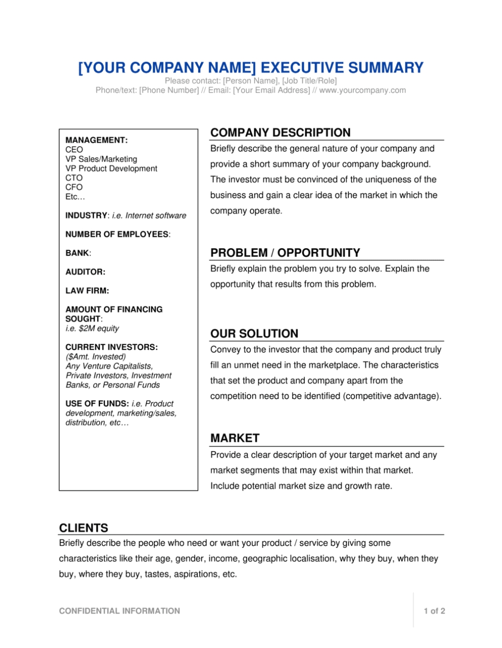 Executive Summary – For Investors Template | By Business In A Box™ Regarding Executive Summary Of A Business Plan Template