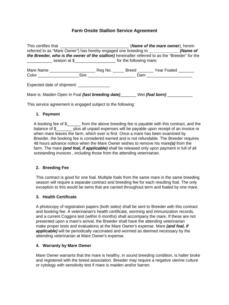 Farm Onsite Stallion Service Agreement Form - Fill Out And Sign Inside Stallion Breeding Contract Templates