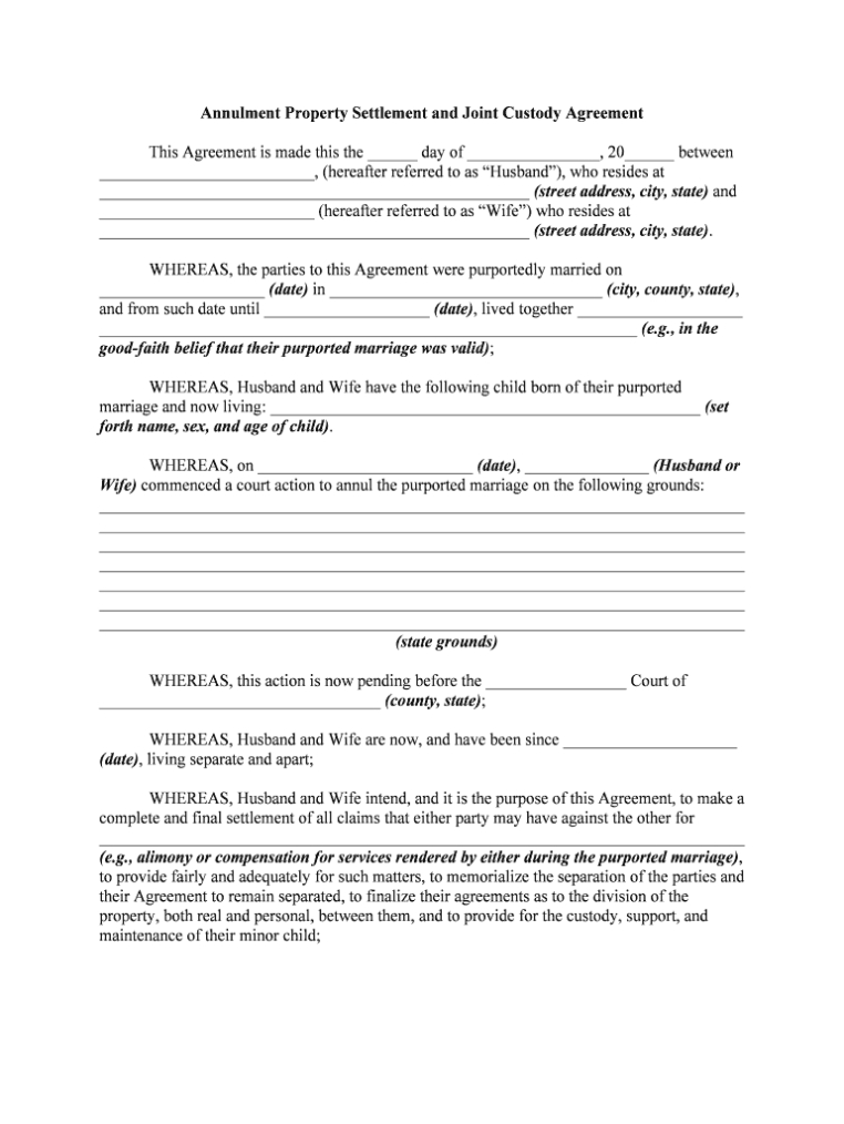 Fill, Edit And Print Annulment Property Settlement And Joint Custody For Free Joint Custody Agreement Template