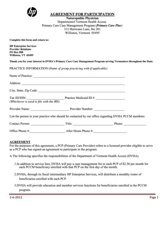 Fillable Agreement For Participation Template - Department Of Vermont With Program Participation Agreement Template
