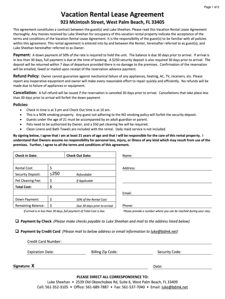 Fillable Online Vacation Rental Lease Agreement - Flvaca Fax Email intended for Vacation Rental Lease Agreement Template