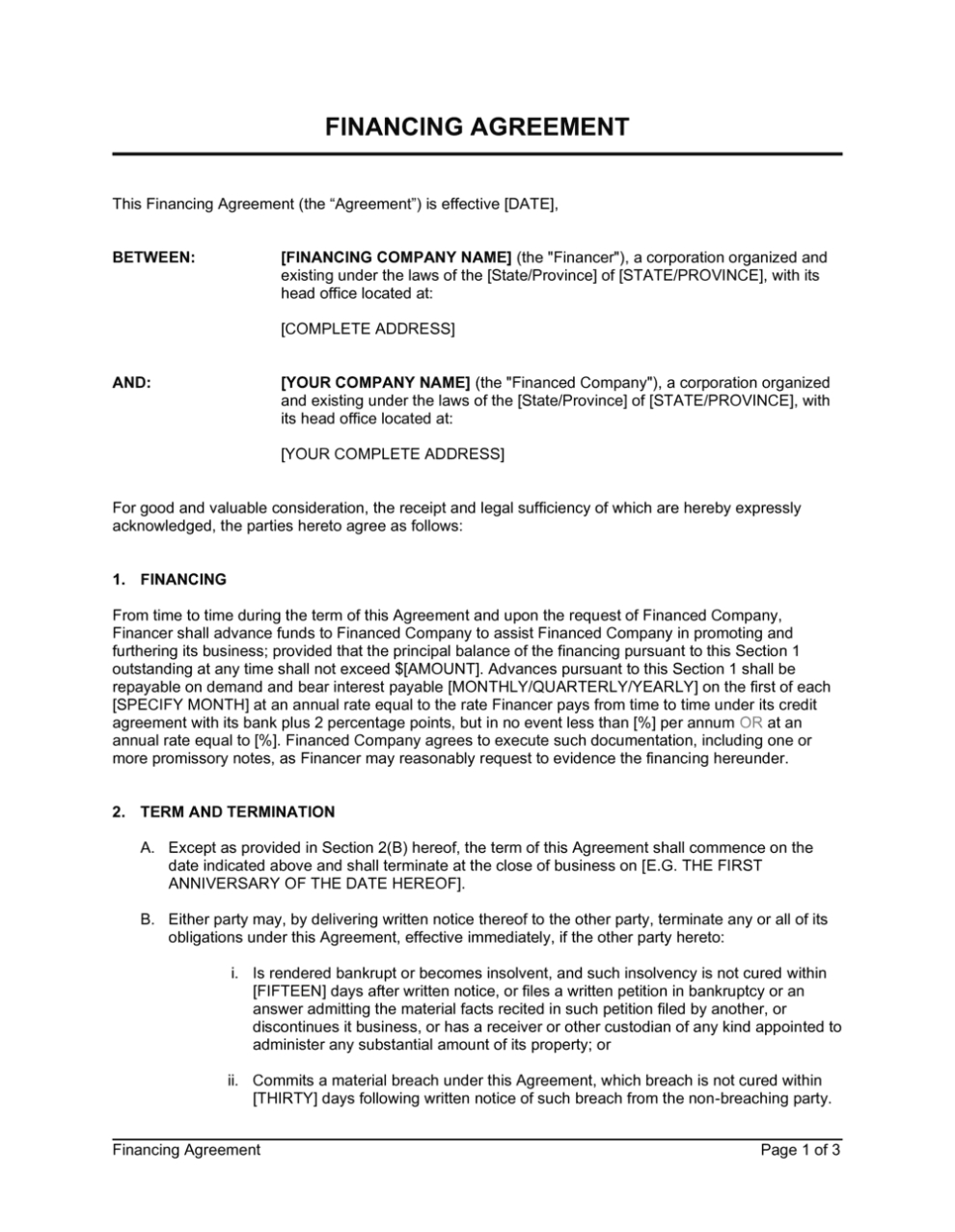 Financing Agreement Template | By Business In A Box™ Within Trade Finance Loan Agreement Template