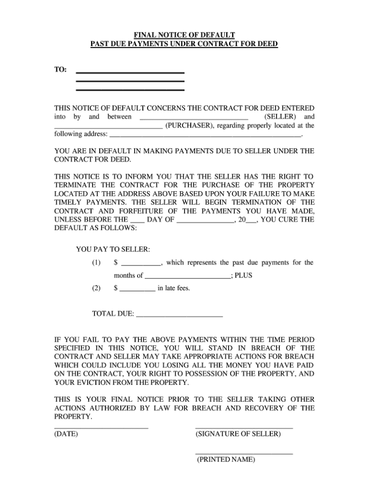 Florida Final Notice Of Default For Past Due Payments In Connection Intended For Notarized Payment Agreement Template