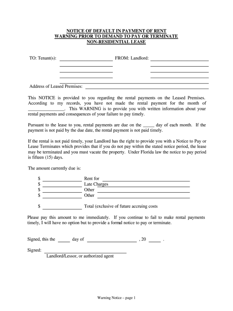 Florida Notice Of Default In Payment Of Rent As Warning Prior To Demand In Notice Of Default Letter Template