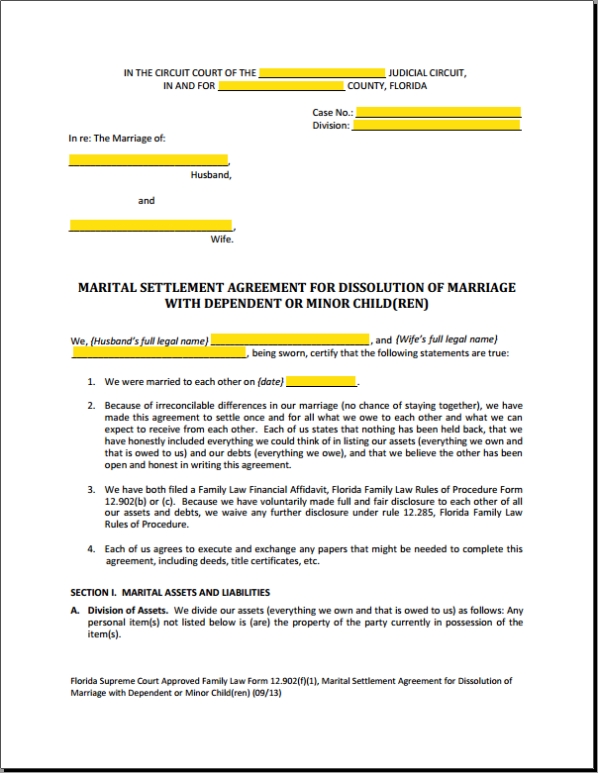Form 12.902F1 Marital Settlement Agreement Divorce With Children Explained With Divorce Mediation Agreement Template