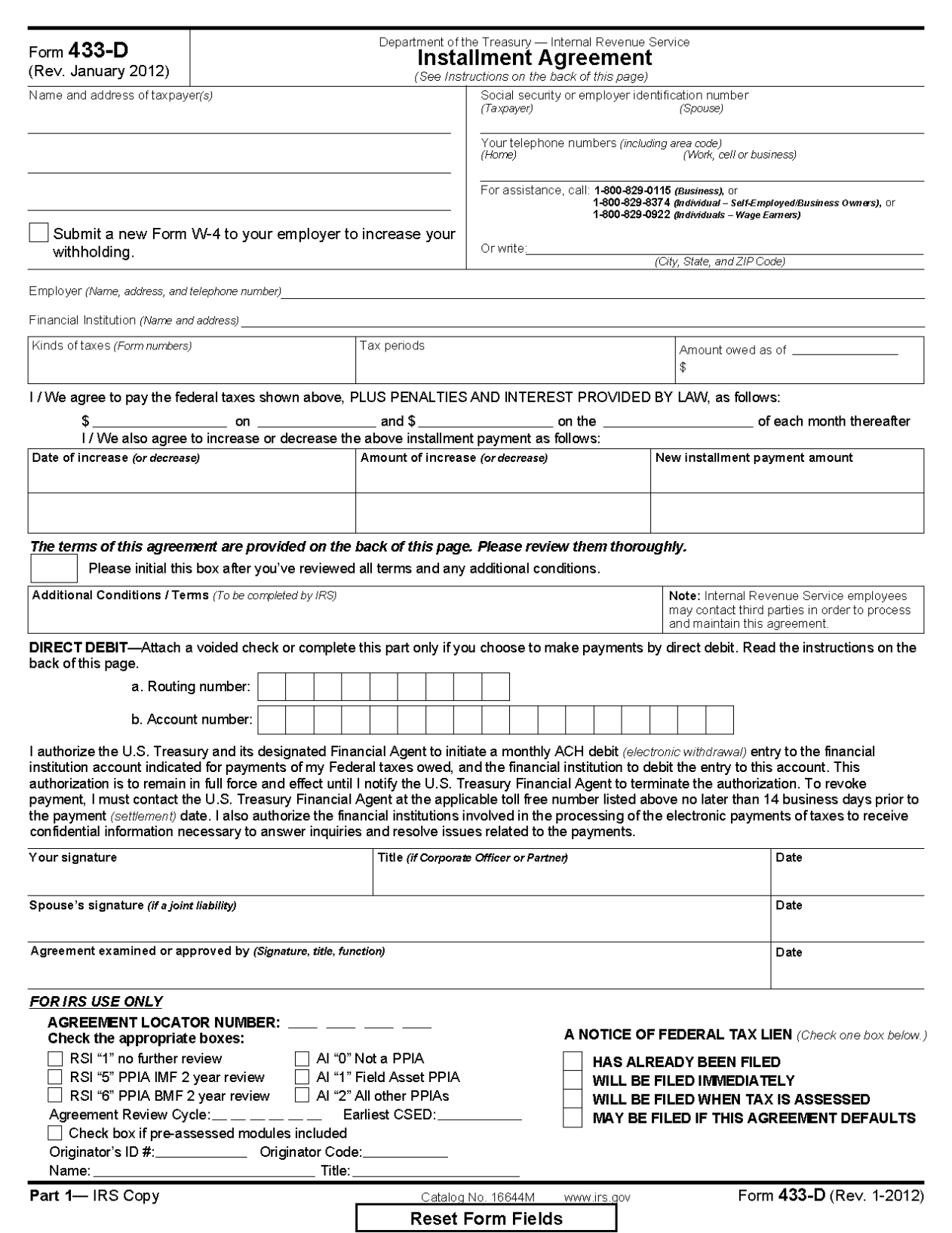 Form 433-D Installment Agreement regarding Toll Processing Agreement Template