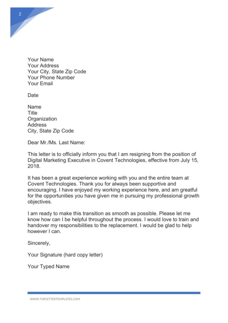 Formal Resignation Letter Template Sample – Pdf, Word With Regard To Free Sample Letter Of Resignation Template