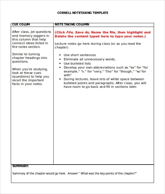 Free 9+ Cornell Note Taking Templates In Pdf | Ms Word For Note Taking Template Word