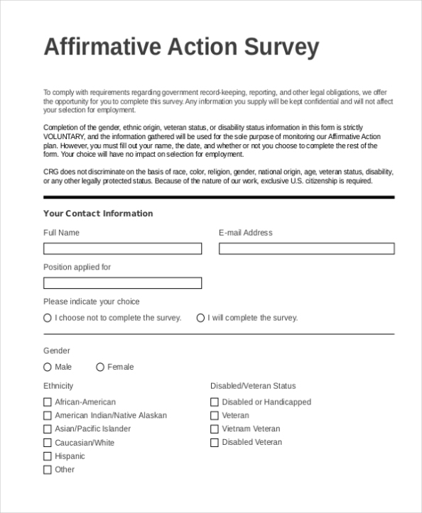 Free 9+ Sample Affirmative Action Forms In Pdf | Ms Word within Affirmative Action Plan Template For Small Business