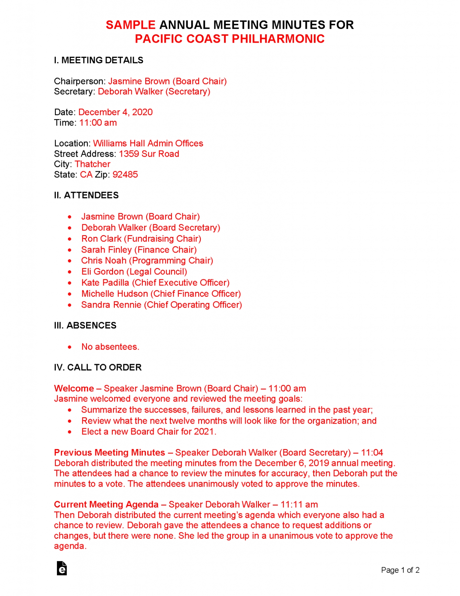 Free Annual Meeting Minutes Template | Sample - Word | Pdf - Eforms For Template For Meeting Notes