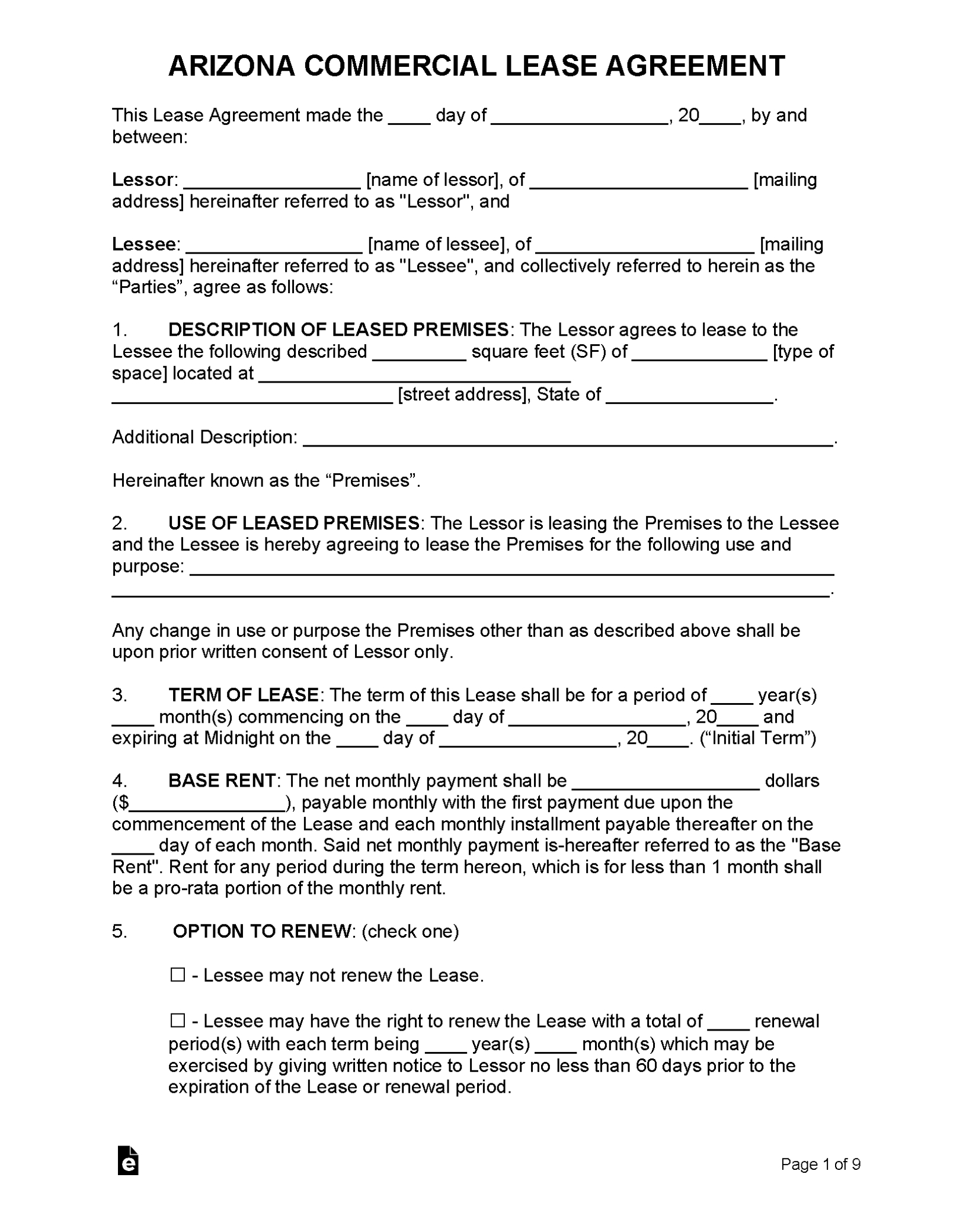 Free Arizona Commercial Lease Agreement Template | Pdf | Word regarding Business Lease Agreement Template Free