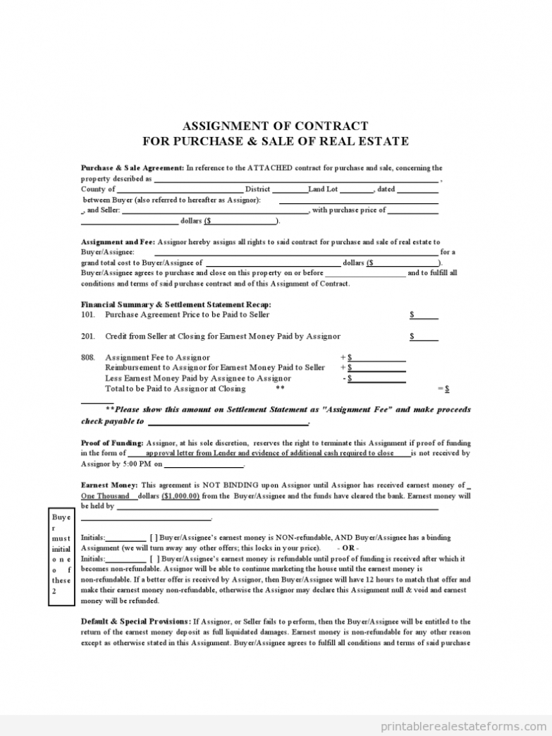 Free Assignment Of Contract Form - Real Estate (Sample) Within Contract Assignment Agreement Template