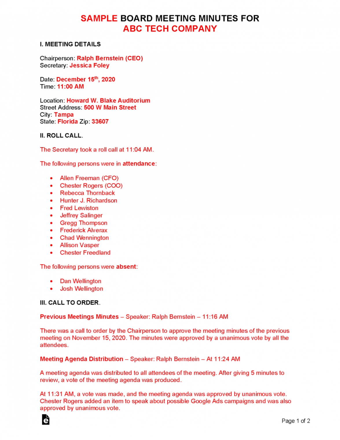 Free Board Meeting Minutes Template | Sample – Pdf | Word – Eforms In Template For Meeting Notes