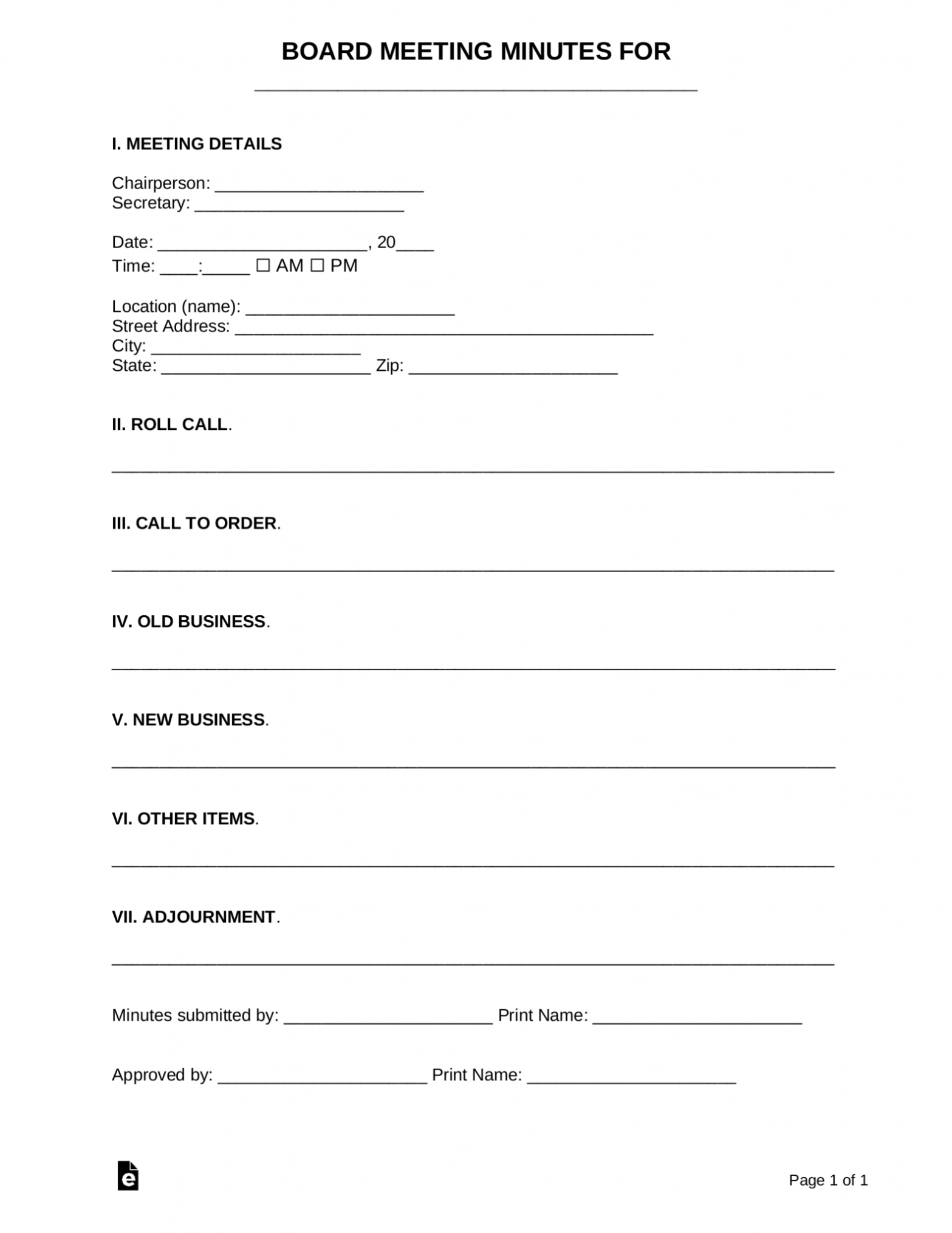 Free Board Meeting Minutes Template | Sample - Pdf | Word - Eforms Intended For Template For Meeting Notes