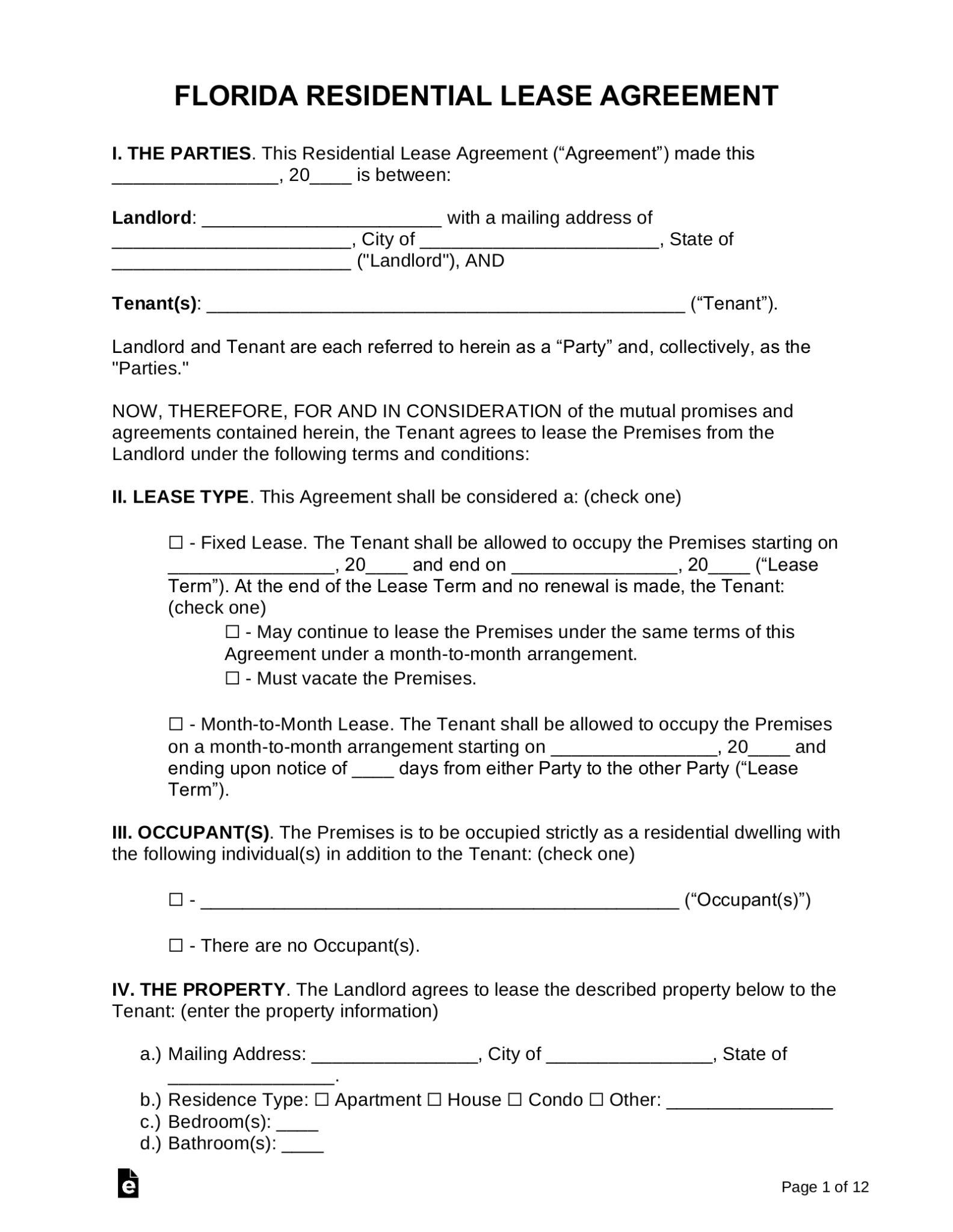 Free Florida Standard Residential Lease Agreement Template - Word | Pdf regarding Yearly Rental Agreement Template