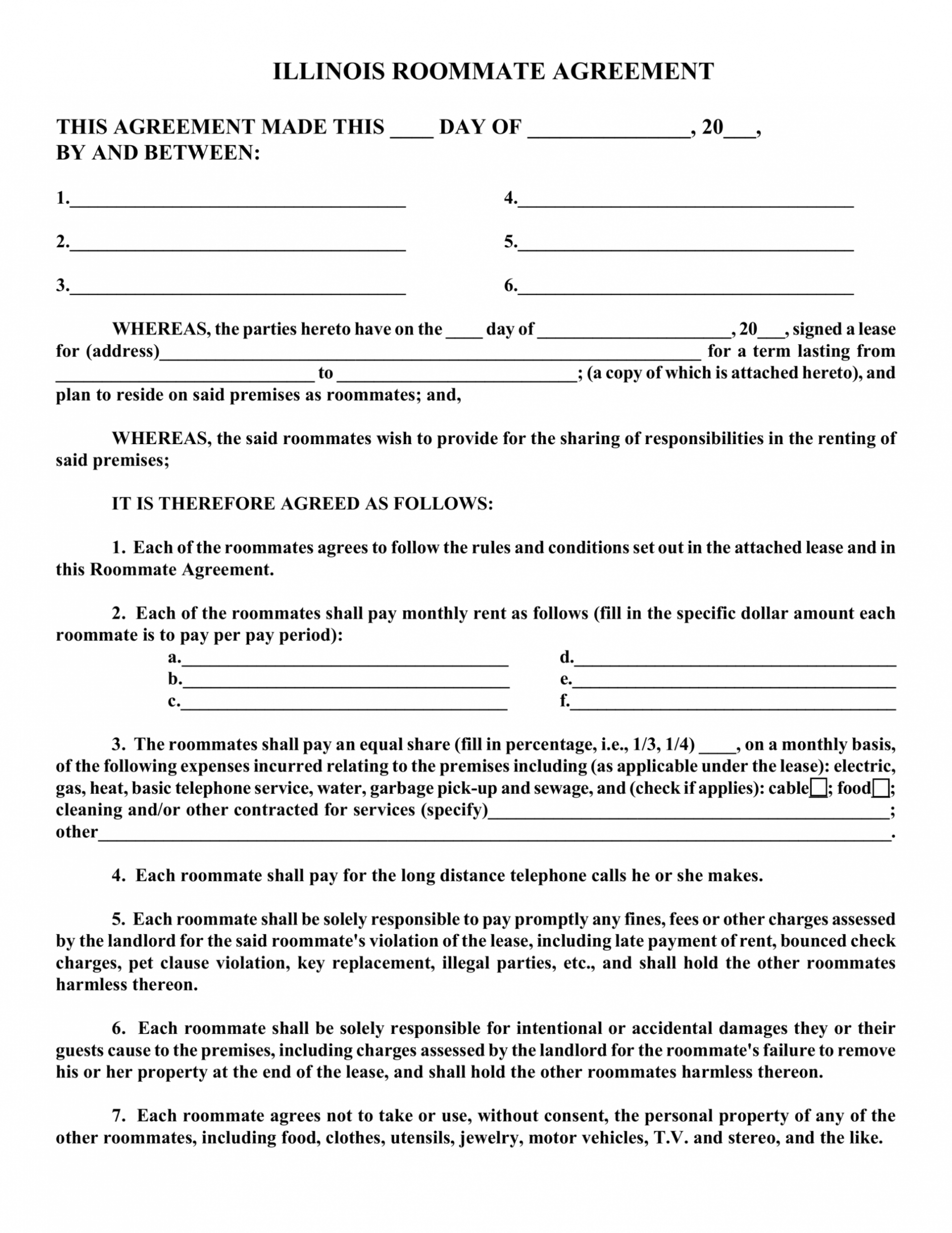 Free Free Illinois Roommate Room Rental Agreement Form Pdf Room Rental Inside Free Residential Lease Agreement Template