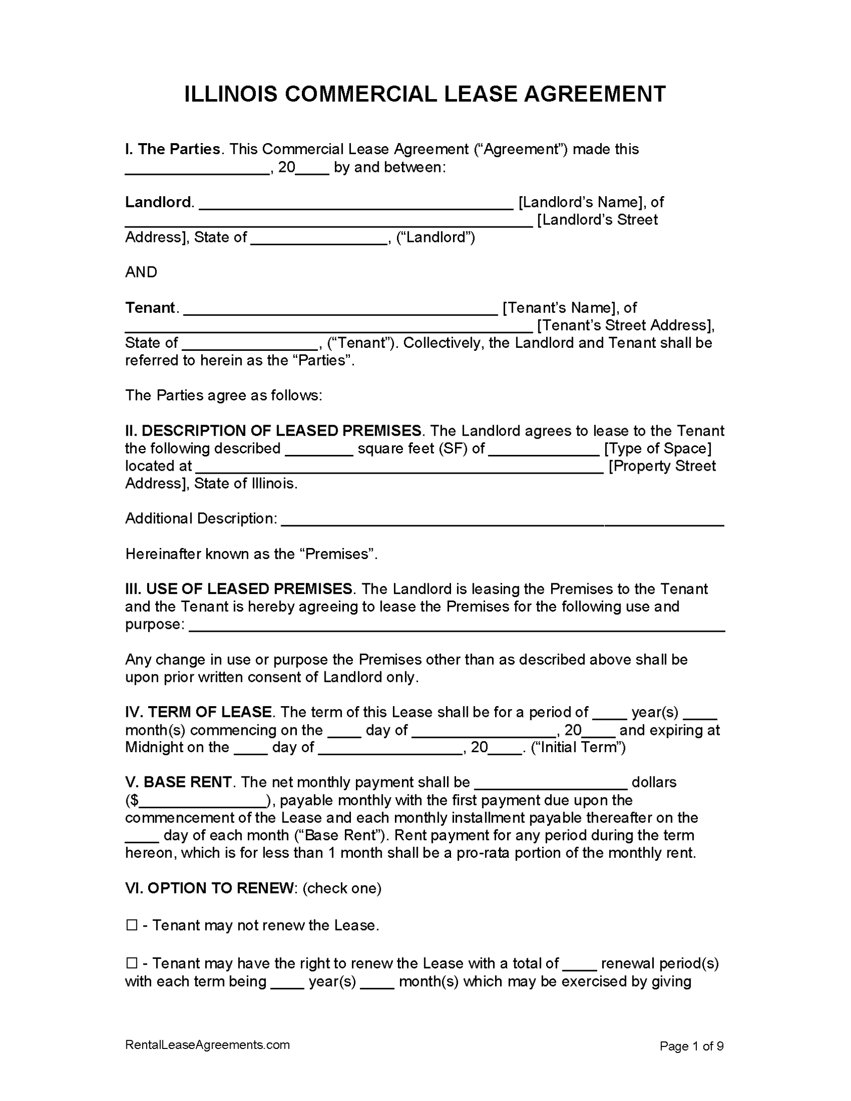 Free Illinois Commercial Lease Agreement | Pdf – Ms Word Within Business Lease Agreement Template Free