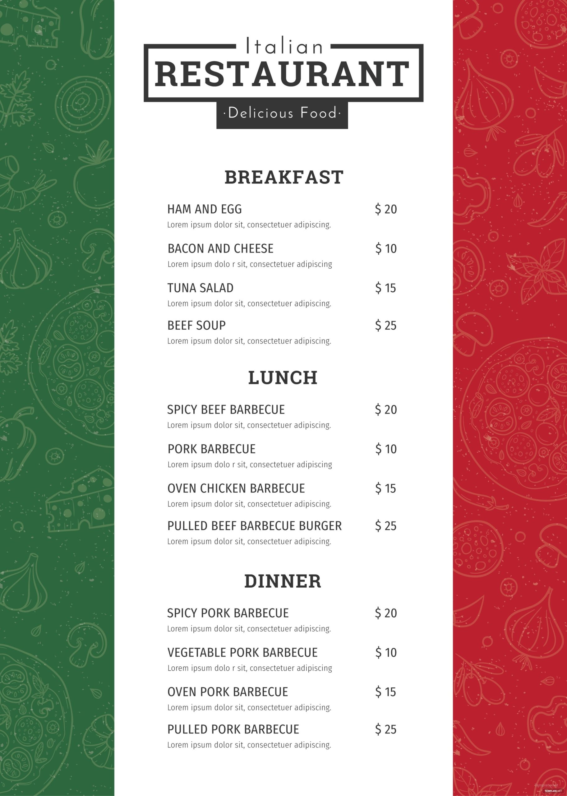 Free Italian Menu Template In Adobe Photoshop, Microsoft Word With Menu Template For Pages