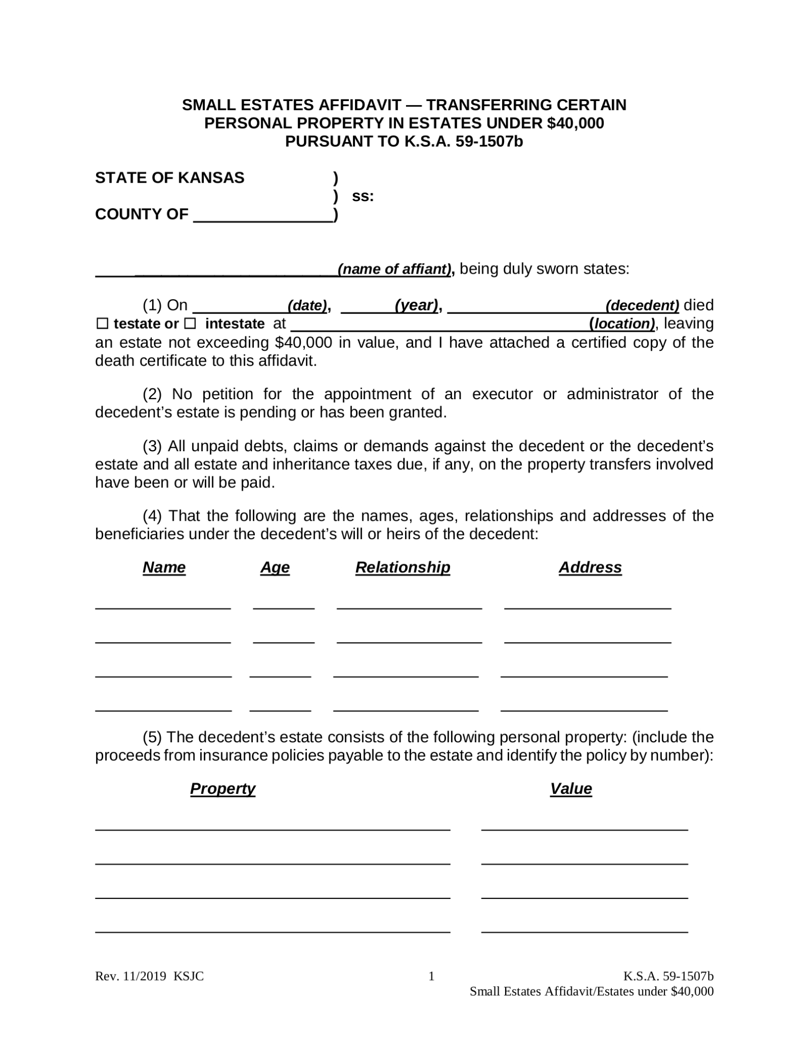 Free Kansas Small Estate Affidavit Form | Affidavit Transferring Pertaining To Probate Valuation Letter Template